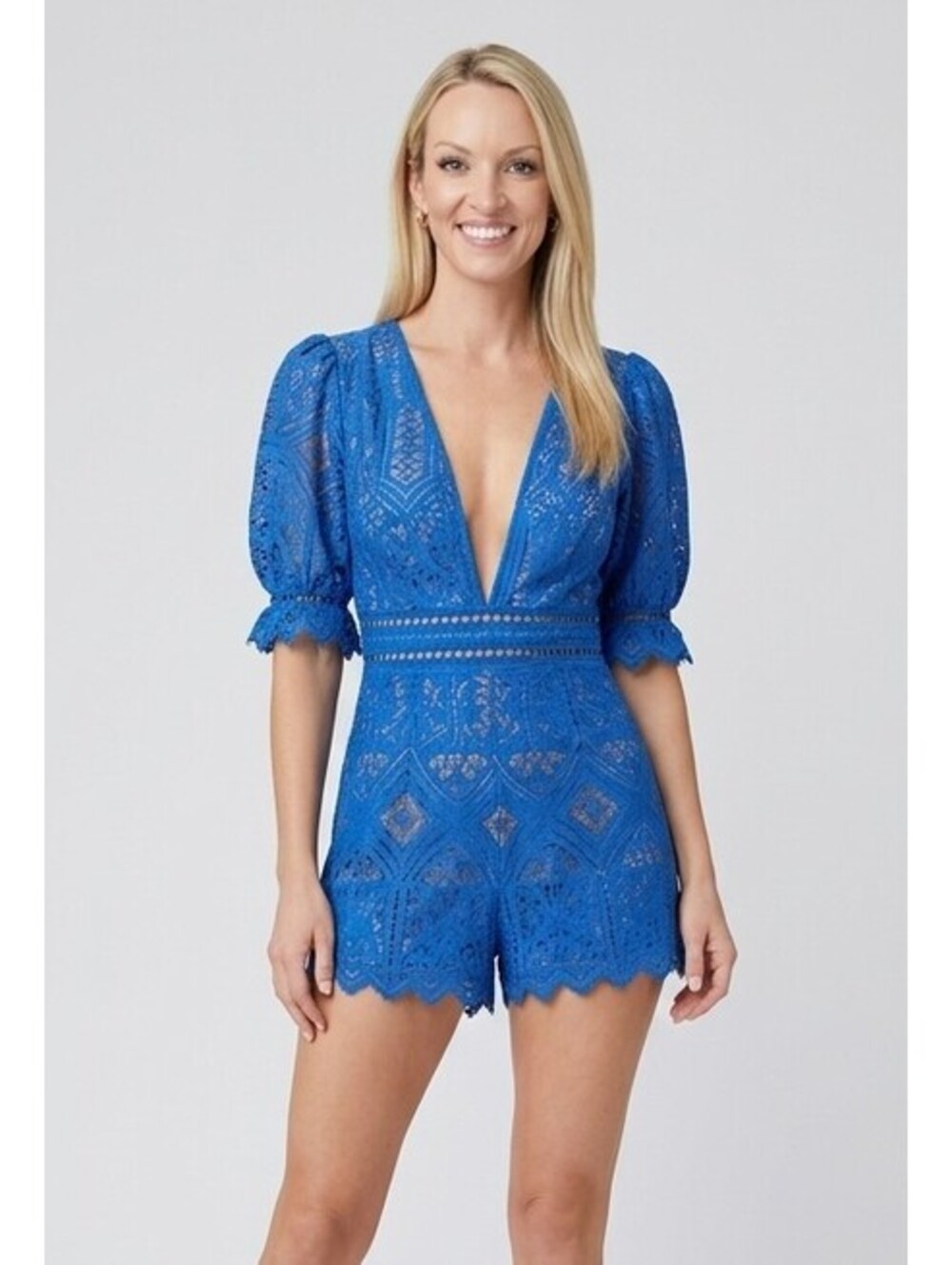 Saylor x Free People Bliss Womens M Royal Blue & Nude Lace V-Neck Romper
